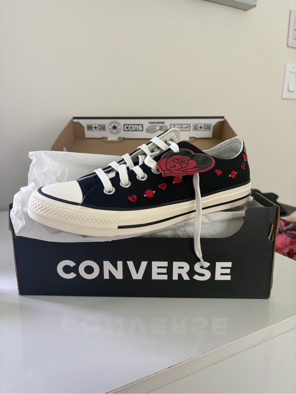 Converse Black Low-Top Sneakers with Red Rose Embroidery